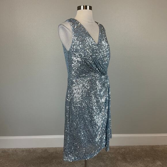 Eliza J Blue Sequined Cocktail Dress Size 16 Sleeveless V-Neck Mini Sheath - Picture 2 of 13